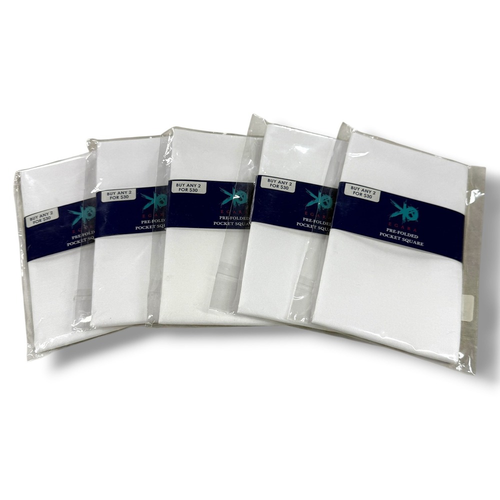 Egara Men White Pre-Folded Pocket Square 5 Piece Bundle 100% Cotton